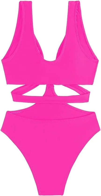 Women's Deep V Neck One Piece Swimsuit O-Ring Swimwear Sexy Cut Out Bathing Suit