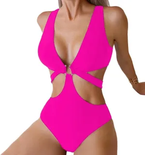 Women's Deep V Neck One Piece Swimsuit O-Ring Swimwear Sexy Cut Out Bathing Suit