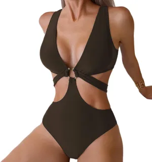 Women's Deep V Neck One Piece Swimsuit O-Ring Swimwear Sexy Cut Out Bathing Suit
