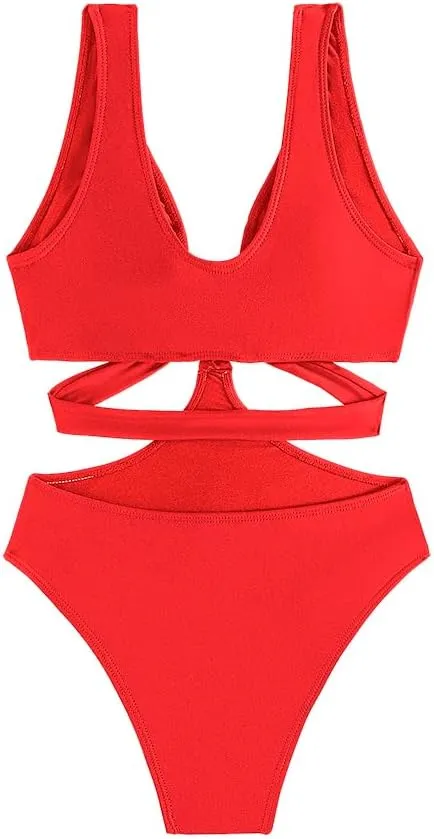 Women's Deep V Neck One Piece Swimsuit O-Ring Swimwear Sexy Cut Out Bathing Suit