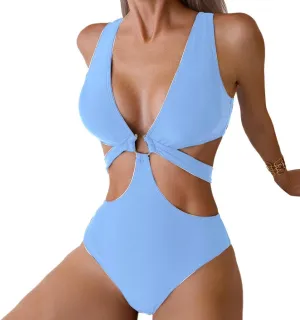 Women's Deep V Neck One Piece Swimsuit O-Ring Swimwear Sexy Cut Out Bathing Suit