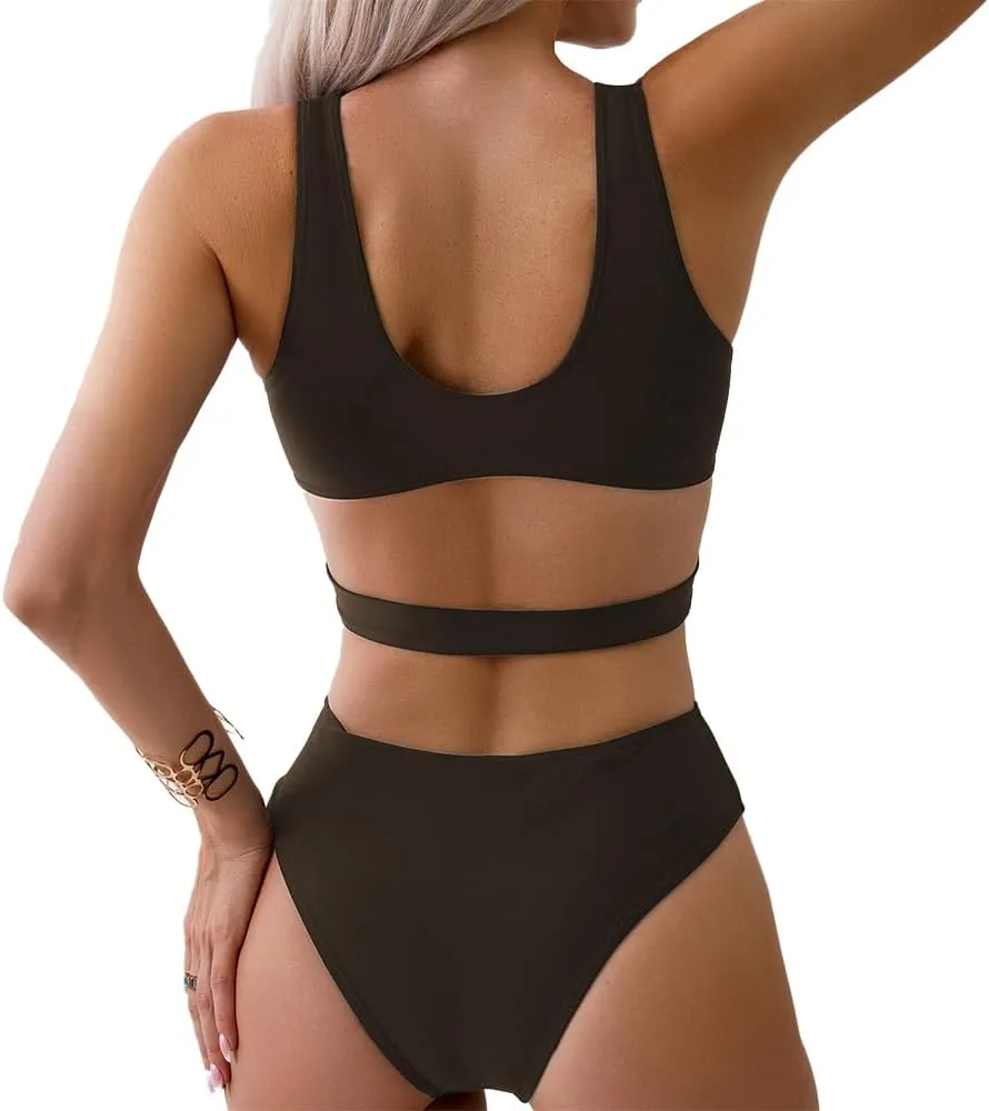 Women's Deep V Neck One Piece Swimsuit O-Ring Swimwear Sexy Cut Out Bathing Suit