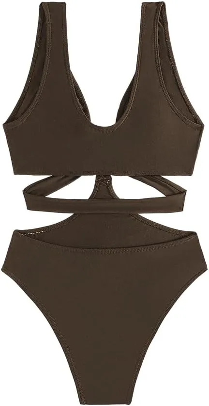 Women's Deep V Neck One Piece Swimsuit O-Ring Swimwear Sexy Cut Out Bathing Suit