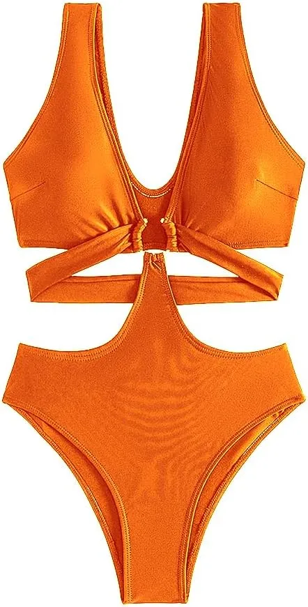 Women's Deep V Neck One Piece Swimsuit O-Ring Swimwear Sexy Cut Out Bathing Suit