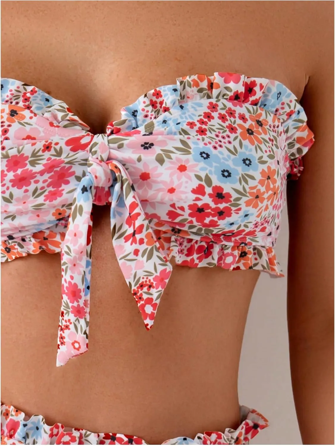 Women's Floral Bandeau Swimsuits Knot Front Ruffle High Waisted Bikini Set Strapless Bathing Suits
