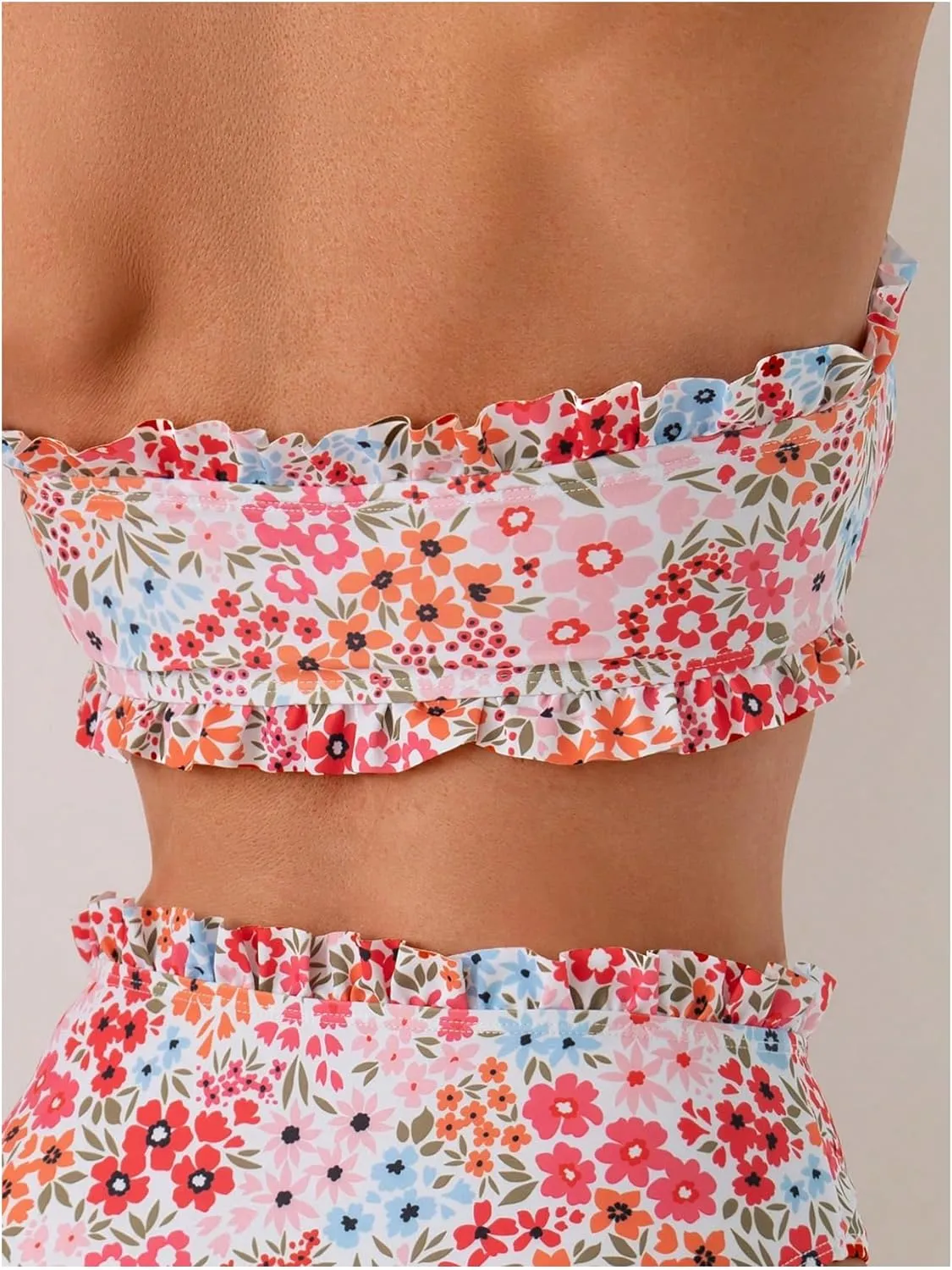 Women's Floral Bandeau Swimsuits Knot Front Ruffle High Waisted Bikini Set Strapless Bathing Suits
