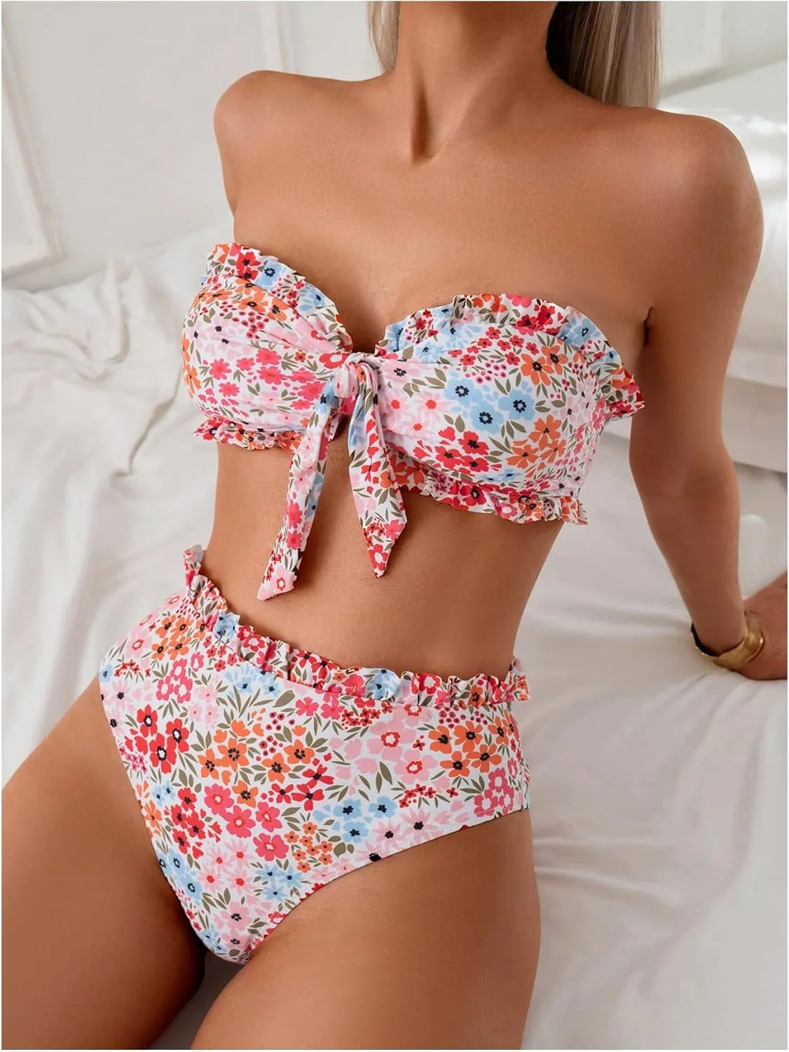 Women's Floral Bandeau Swimsuits Knot Front Ruffle High Waisted Bikini Set Strapless Bathing Suits