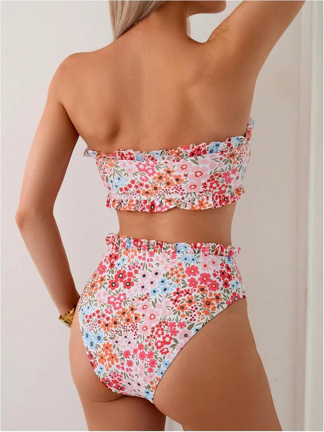 Women's Floral Bandeau Swimsuits Knot Front Ruffle High Waisted Bikini Set Strapless Bathing Suits