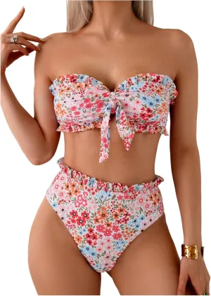 Women's Floral Bandeau Swimsuits Knot Front Ruffle High Waisted Bikini Set Strapless Bathing Suits