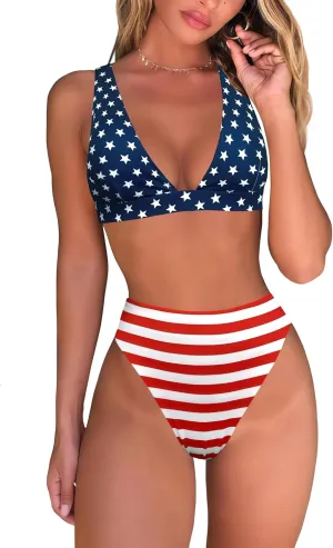 Womens High Waisted Thong Bikini Sets Sexy Brazilian Triangle Top Deep V Neck Two Piece Swimsuit Bathing Suits