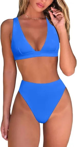 Womens High Waisted Thong Bikini Sets Sexy Brazilian Triangle Top Deep V Neck Two Piece Swimsuit Bathing Suits