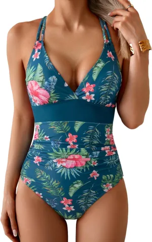 Women's One Piece Color Block Swimsuit Tummy Control Slimming Bathing Suit V Neck Cutout High Waisted Swimwear