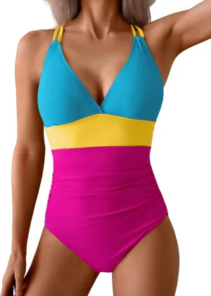 Women's One Piece Color Block Swimsuit Tummy Control Slimming Bathing Suit V Neck Cutout High Waisted Swimwear