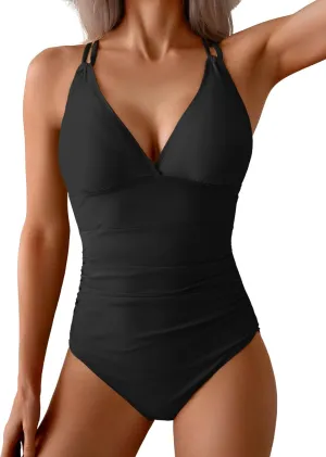Women's One Piece Color Block Swimsuit Tummy Control Slimming Bathing Suit V Neck Cutout High Waisted Swimwear