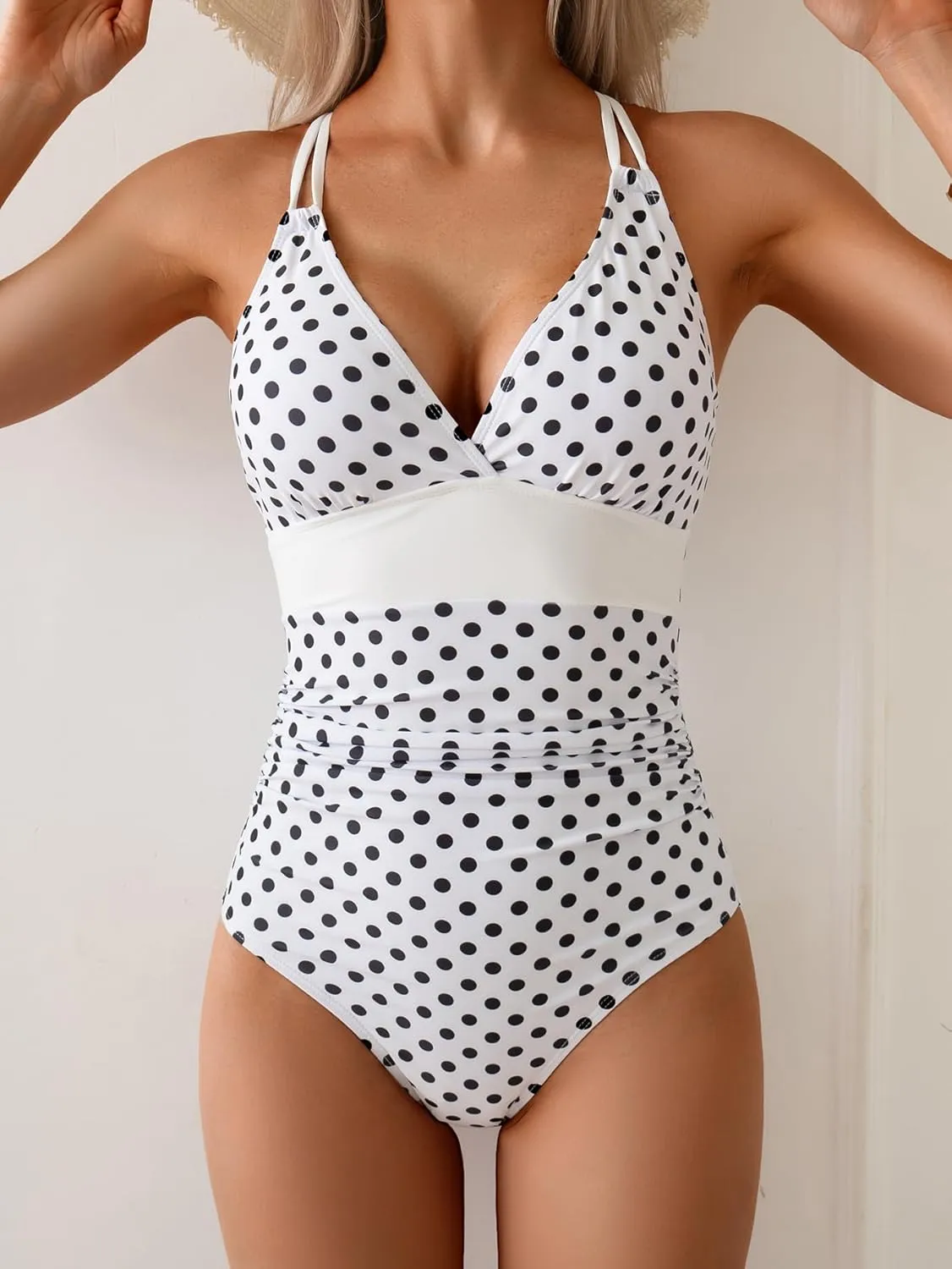 Women's One Piece Color Block Swimsuit Tummy Control Slimming Bathing Suit V Neck Cutout High Waisted Swimwear