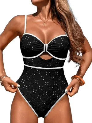 Womens One Piece Cutout Swimsuit, Sexy Tummy Control Bathing Suit, Color Block Monokini, 2025 Retro Swimwear