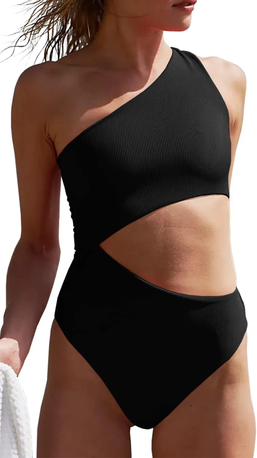 Women's One Piece Ribbed Swimsuit One Shoulder Cutout Swimwear Sexy Bathing Suit
