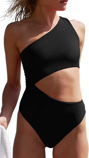 Women's One Piece Ribbed Swimsuit One Shoulder Cutout Swimwear Sexy Bathing Suit