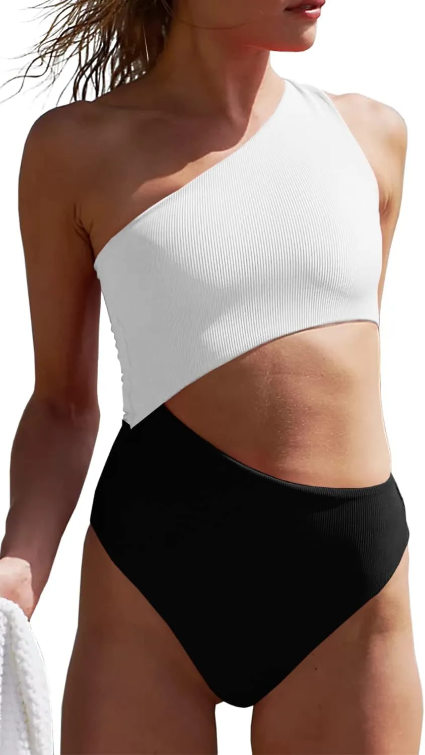 Women's One Piece Ribbed Swimsuit One Shoulder Cutout Swimwear Sexy Bathing Suit