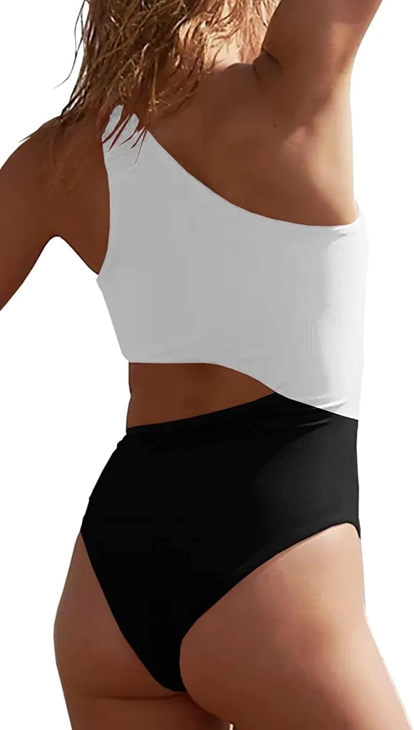 Women's One Piece Ribbed Swimsuit One Shoulder Cutout Swimwear Sexy Bathing Suit
