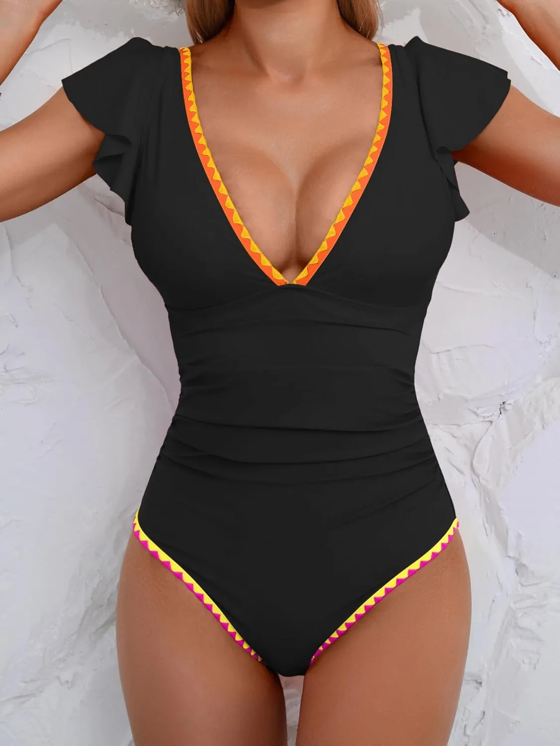 Women's One Piece Ruffle Swimsuit Tummy Control Bathing Suit V Neck Shell Stitched Swim Suit Slimming Swimwear