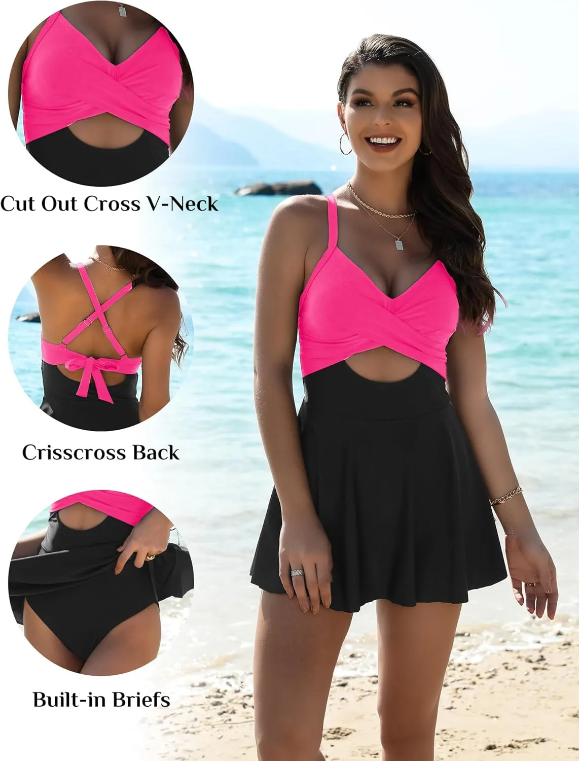 Womens One Piece Swimsuit Cut Out Cross V-Neck Swimdresses with Tummy Control Bottom Bathing Swim Suit Women 2025