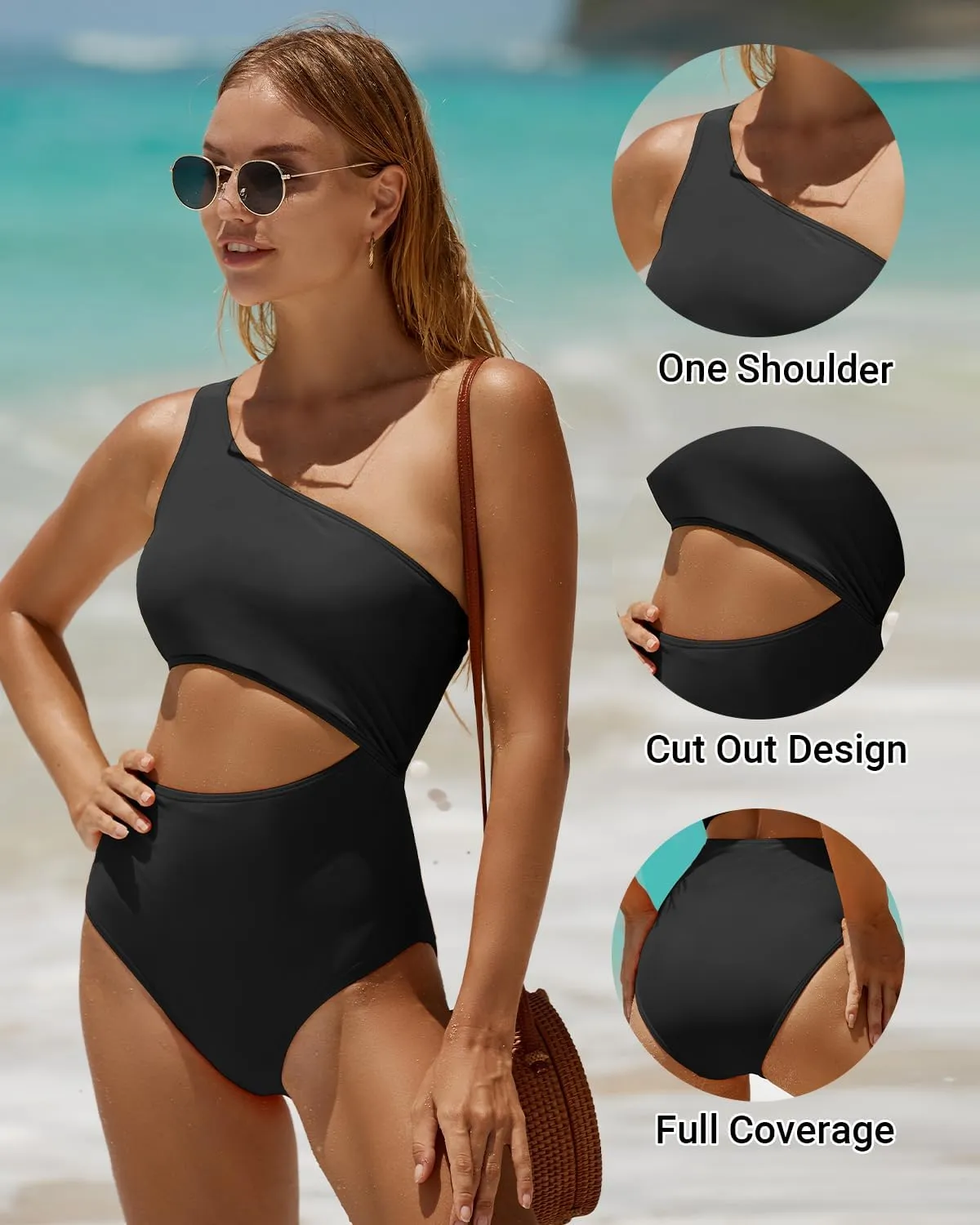 Women's One Piece Swimsuit- One Shoulder Bathing Suit Cutout Tummy Control Swimwear