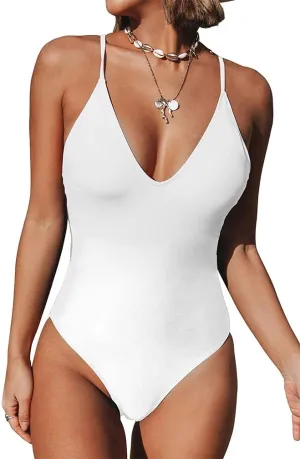 Women's One Piece Swimsuit Sexy V Neck Cross Back Bathing Suit High Cut Backless Swimwear