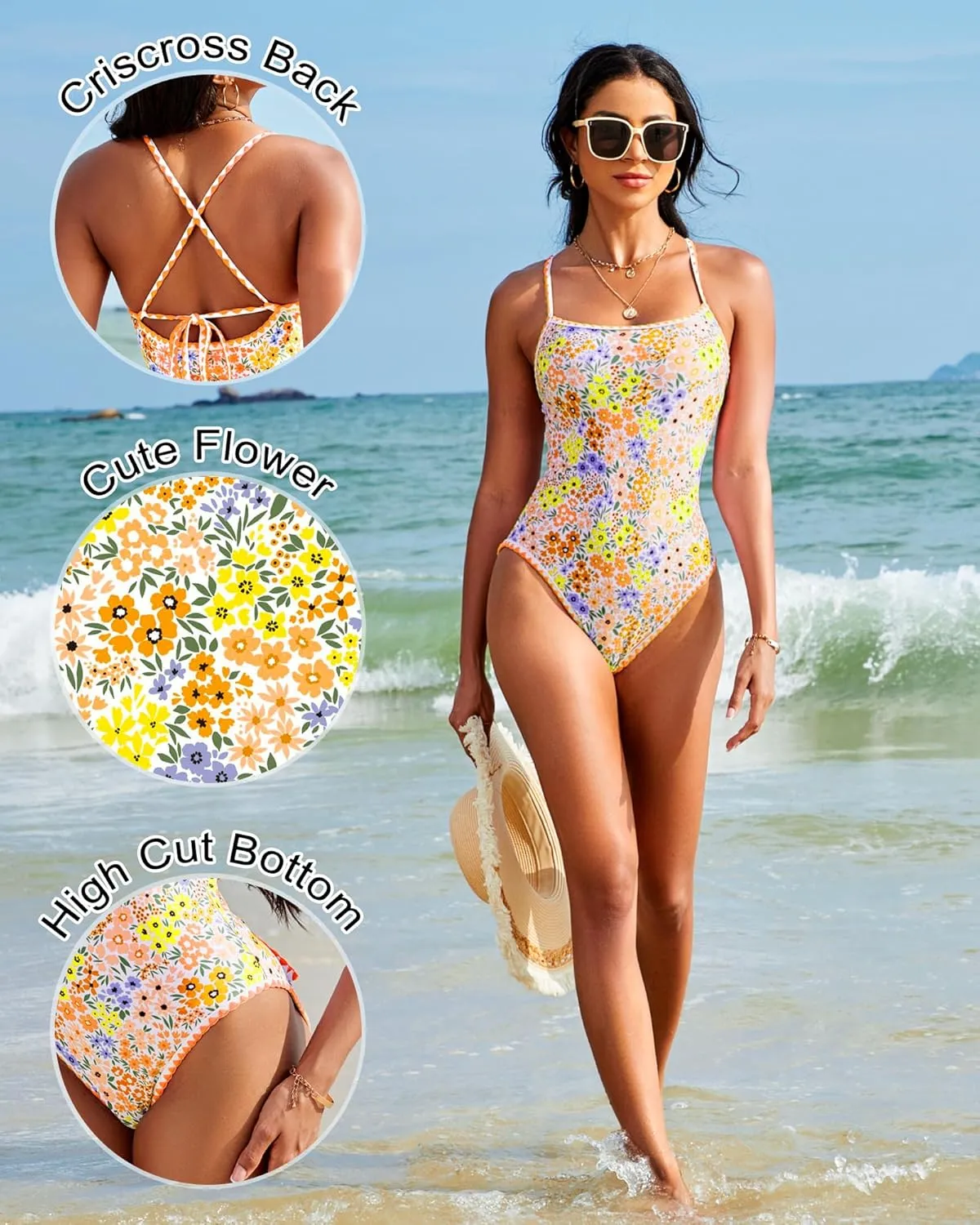 Womens One Piece Swimsuit Tummy Control Modest Bathing Suit Teen Girls Swim Suit Cute Floral Swimwear