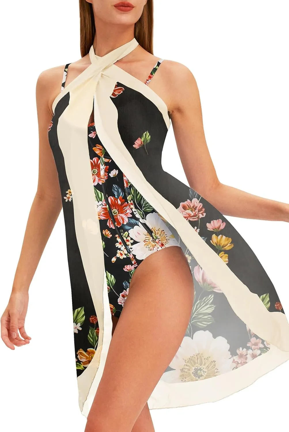 Womens One Piece Swimsuit with Cover Up Sarong Wrap Floral Bathing Suits 1 Piece Swim Suit with Beach Cover Up Set