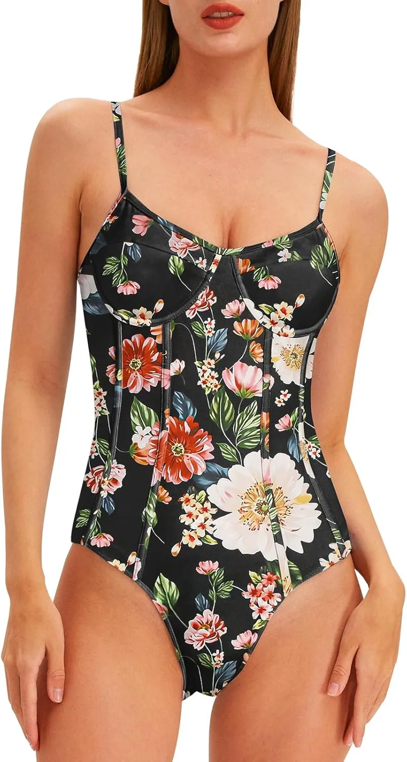 Womens One Piece Swimsuit with Cover Up Sarong Wrap Floral Bathing Suits 1 Piece Swim Suit with Beach Cover Up Set