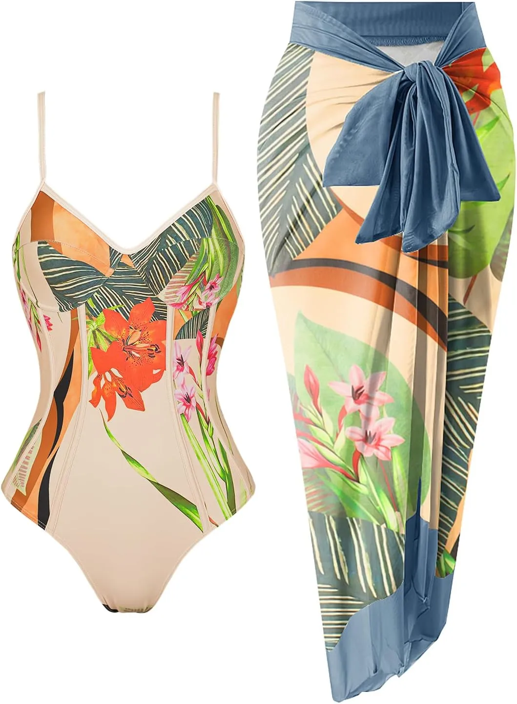 Womens One Piece Swimsuit with Cover Up Sarong Wrap Floral Bathing Suits 1 Piece Swim Suit with Beach Cover Up Set