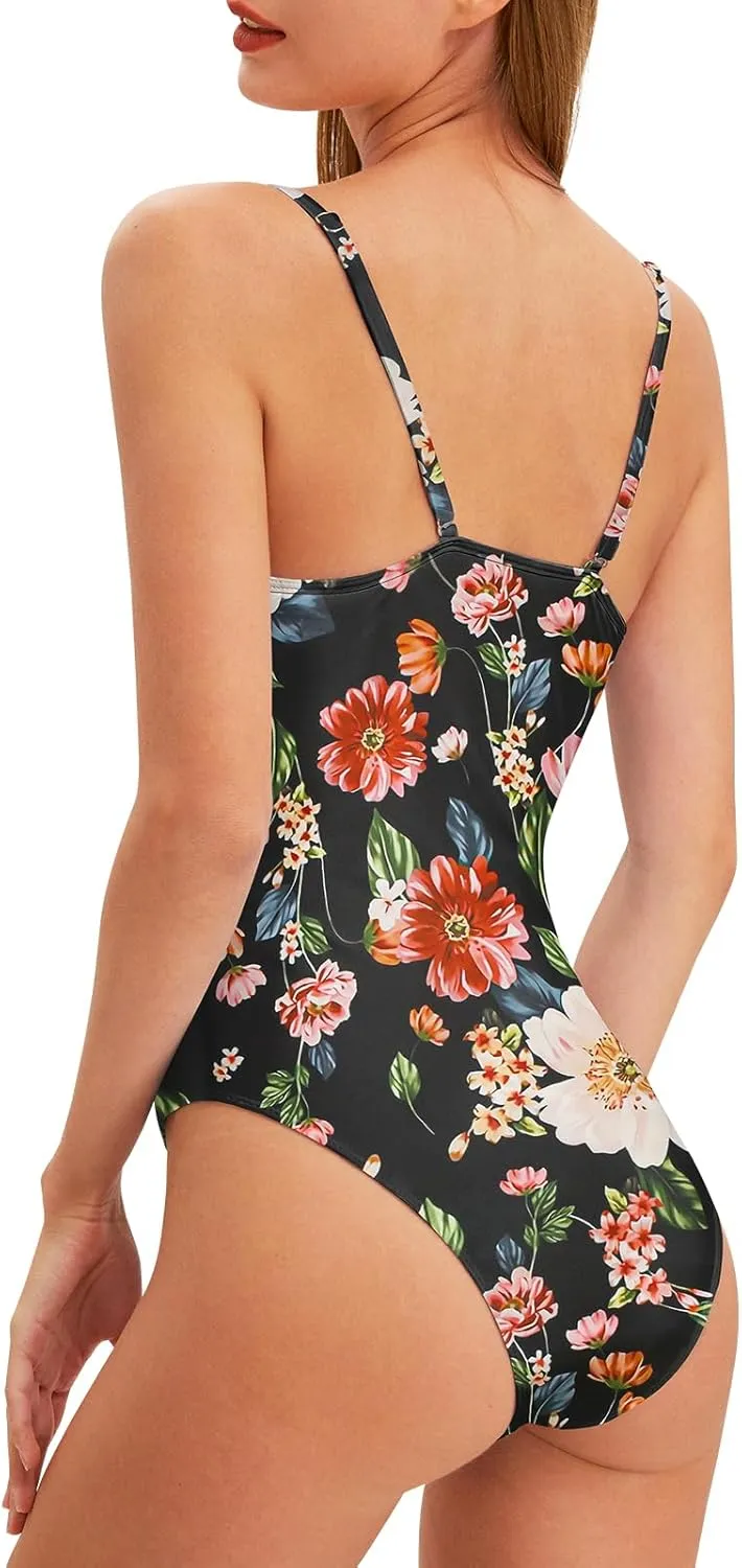 Womens One Piece Swimsuit with Cover Up Sarong Wrap Floral Bathing Suits 1 Piece Swim Suit with Beach Cover Up Set