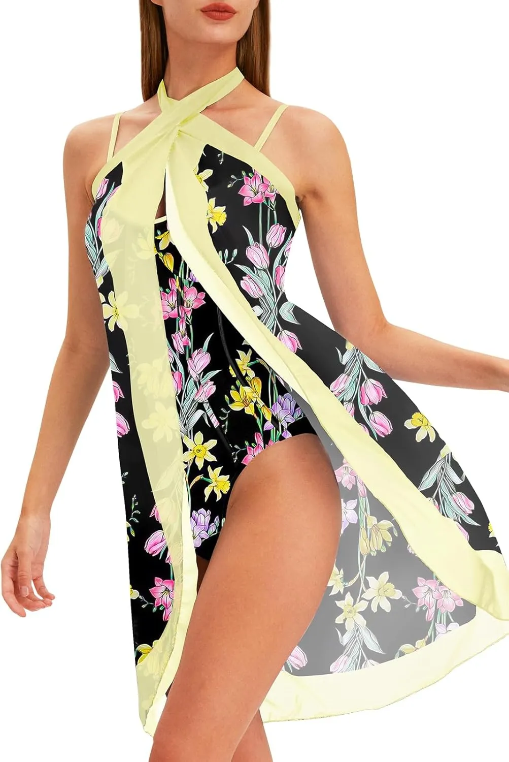 Womens One Piece Swimsuit with Cover Up Sarong Wrap Floral Bathing Suits 1 Piece Swim Suit with Beach Cover Up Set