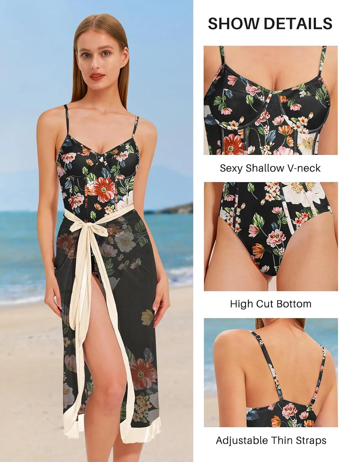 Womens One Piece Swimsuit with Cover Up Sarong Wrap Floral Bathing Suits 1 Piece Swim Suit with Beach Cover Up Set