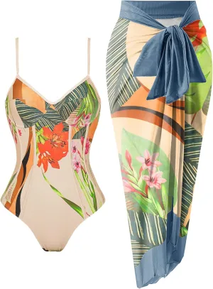 Womens One Piece Swimsuit with Cover Up Sarong Wrap Floral Bathing Suits 1 Piece Swim Suit with Beach Cover Up Set