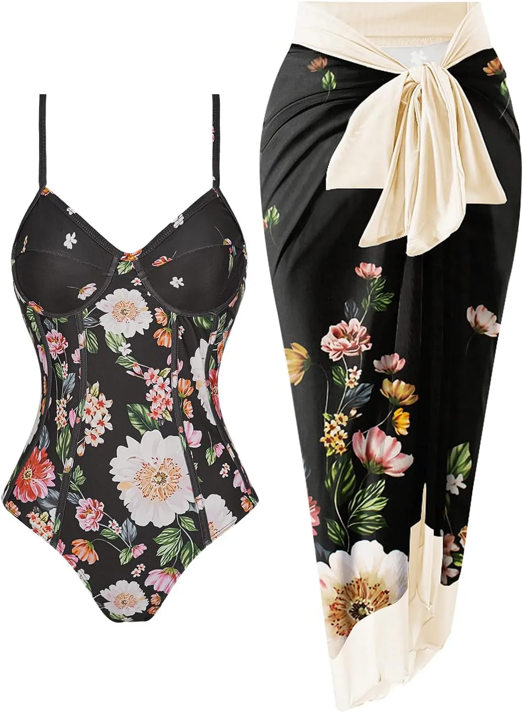 Womens One Piece Swimsuit with Cover Up Sarong Wrap Floral Bathing Suits 1 Piece Swim Suit with Beach Cover Up Set