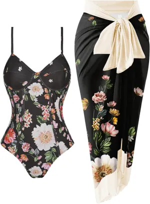 Womens One Piece Swimsuit with Cover Up Sarong Wrap Floral Bathing Suits 1 Piece Swim Suit with Beach Cover Up Set