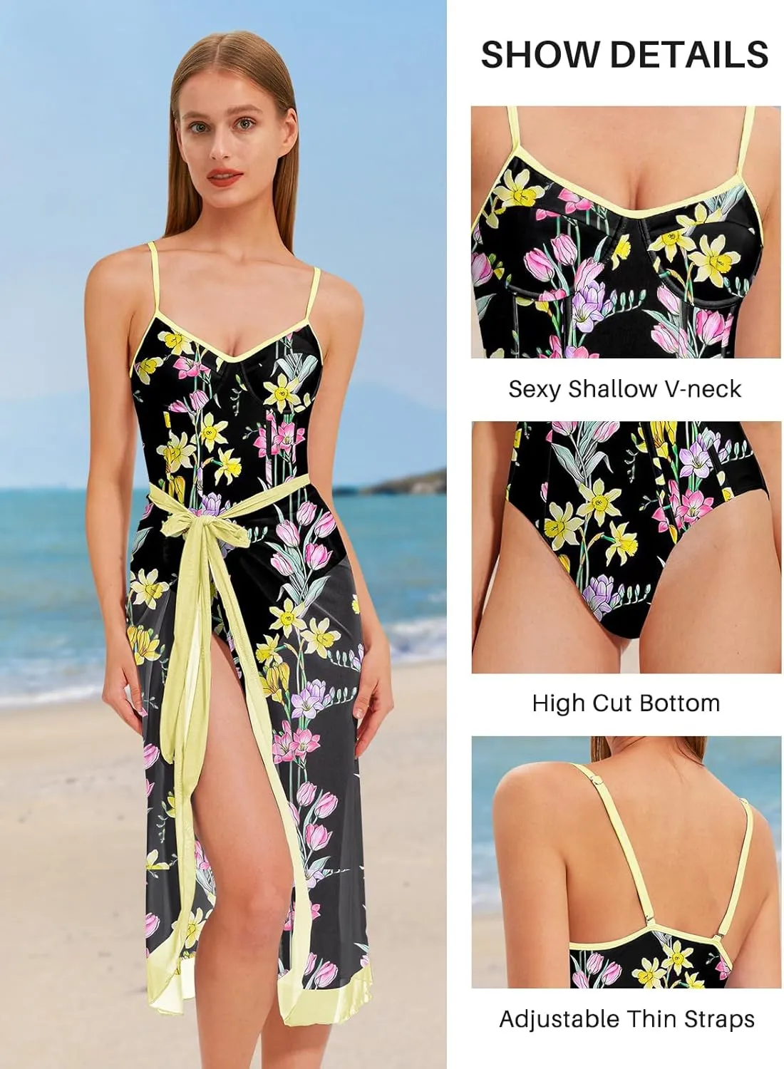 Womens One Piece Swimsuit with Cover Up Sarong Wrap Floral Bathing Suits 1 Piece Swim Suit with Beach Cover Up Set