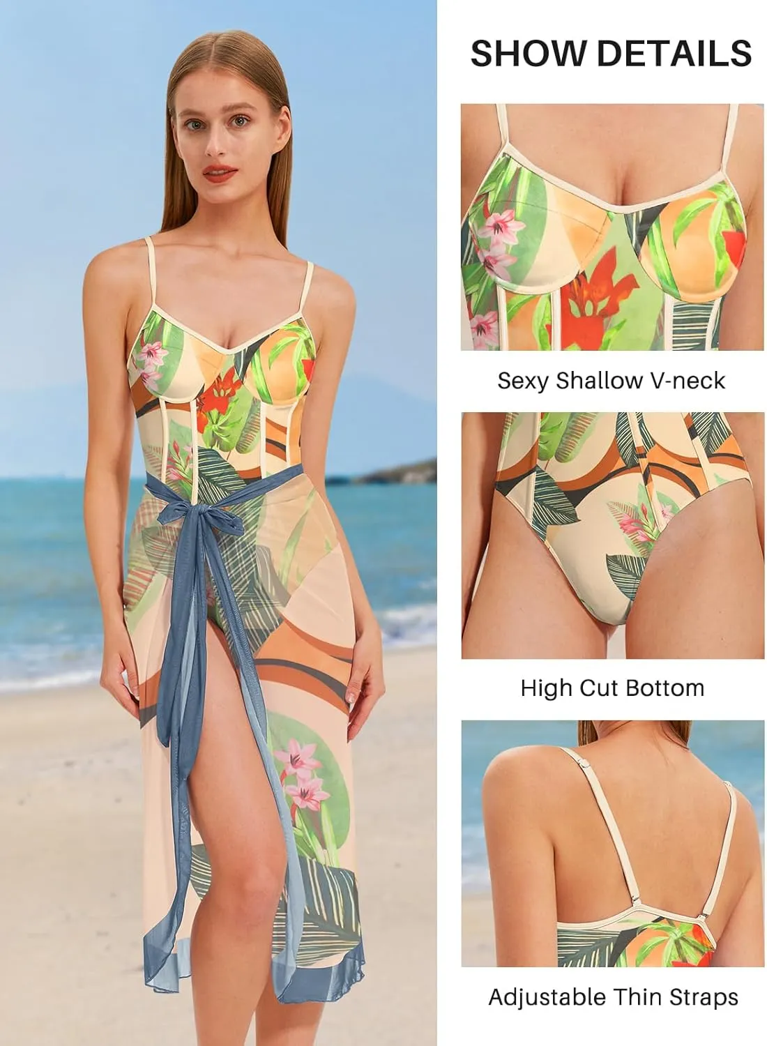 Womens One Piece Swimsuit with Cover Up Sarong Wrap Floral Bathing Suits 1 Piece Swim Suit with Beach Cover Up Set