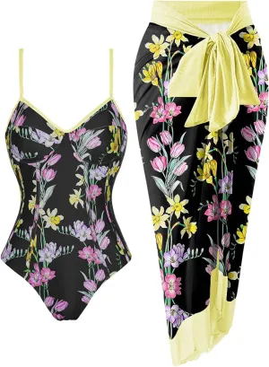 Womens One Piece Swimsuit with Cover Up Sarong Wrap Floral Bathing Suits 1 Piece Swim Suit with Beach Cover Up Set