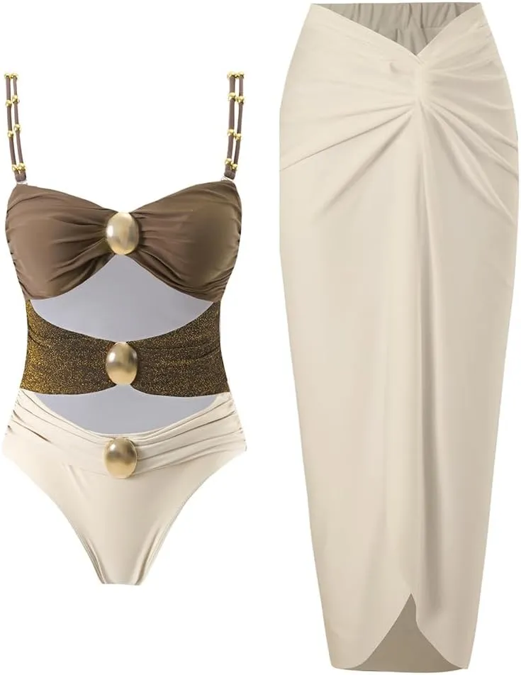 Women's One Piece Swimsuit with Cover up Set Beach Wrap Skirt Retro Bikini Set Two Piece Bathing Suit with Cover up