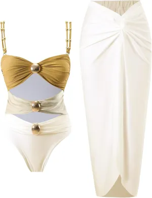 Women's One Piece Swimsuit with Cover up Set Beach Wrap Skirt Retro Bikini Set Two Piece Bathing Suit with Cover up