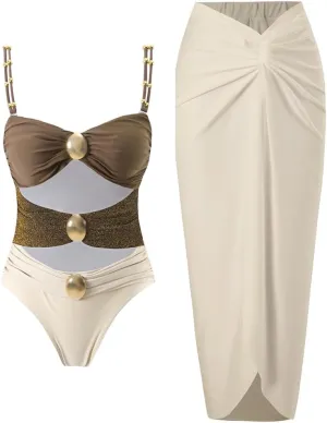 Women's One Piece Swimsuit with Cover up Set Beach Wrap Skirt Retro Bikini Set Two Piece Bathing Suit with Cover up