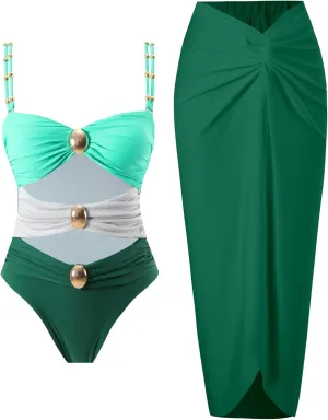 Women's One Piece Swimsuit with Cover up Set Beach Wrap Skirt Retro Bikini Set Two Piece Bathing Suit with Cover up