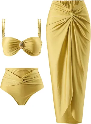 Women's One Piece Swimsuit with Cover up Set Beach Wrap Skirt Retro Bikini Set Two Piece Bathing Suit with Cover up