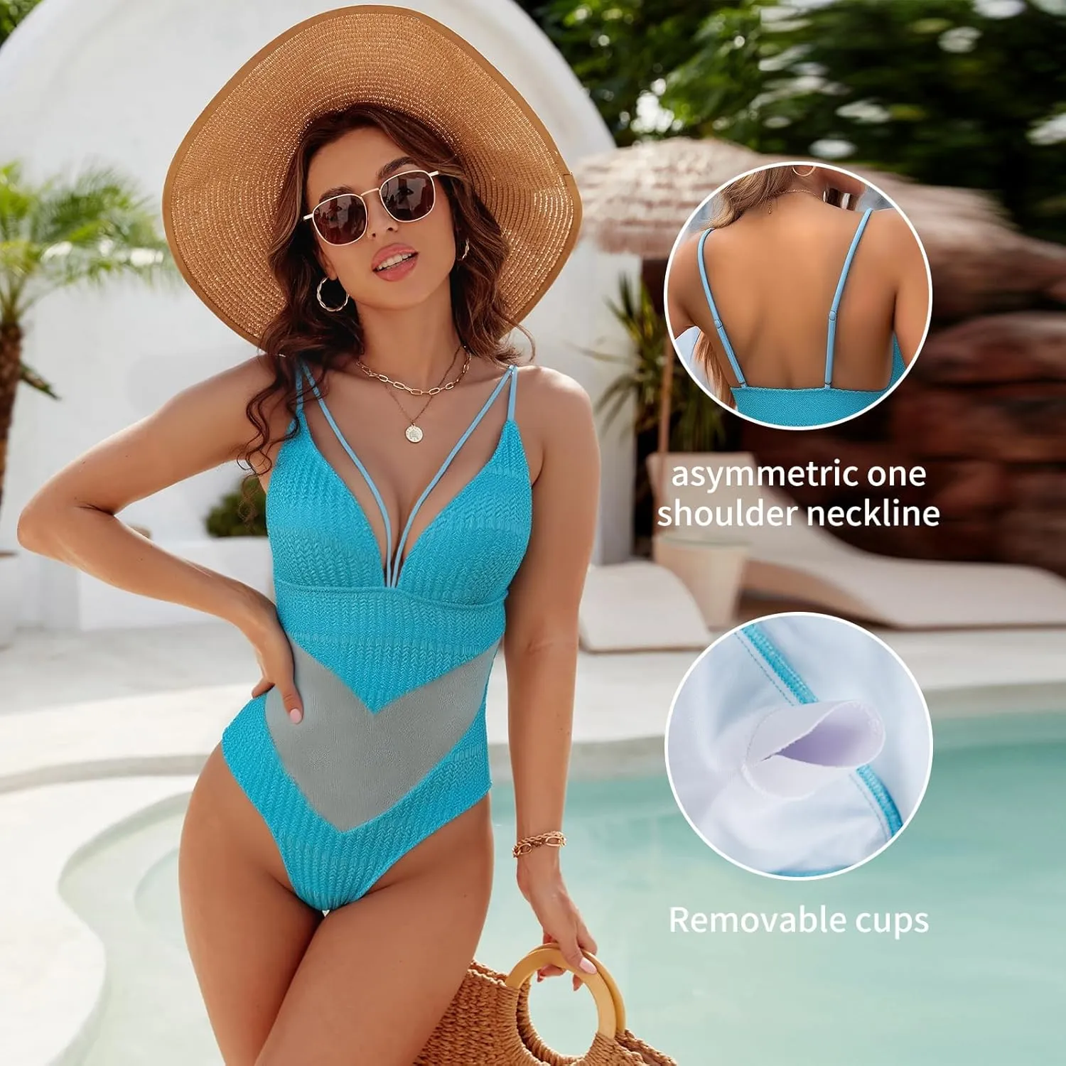 Womens One Piece Swimsuits-Sexy Deep V Neckline Tummy Control Bathing Suit Slimming Mesh Swimwear ?