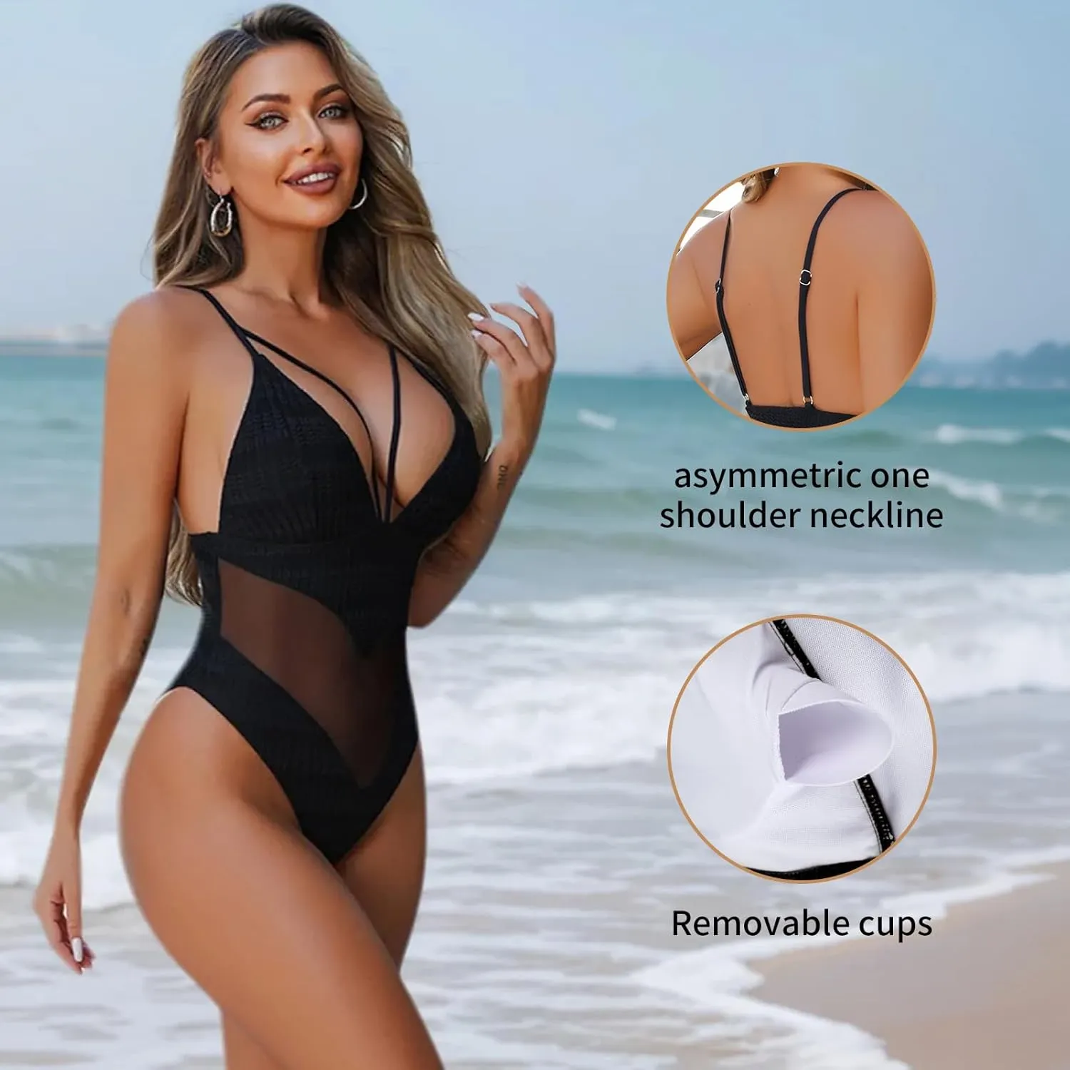 Womens One Piece Swimsuits-Sexy Deep V Neckline Tummy Control Bathing Suit Slimming Mesh Swimwear ?