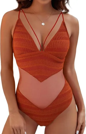 Womens One Piece Swimsuits-Sexy Deep V Neckline Tummy Control Bathing Suit Slimming Mesh Swimwear 
