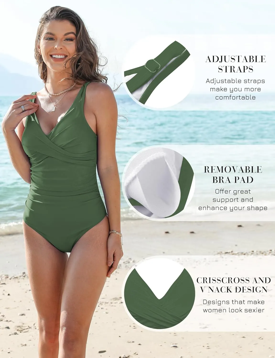 Women's One Piece Swimsuits Tummy Control Bathing Suits for Womens V Neck Criss Cross Ruched Push Up Slimming Swimwear
